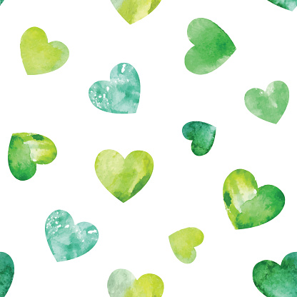 Seamless pattern with green watercolor hearts.