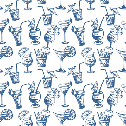 Seamless pattern with hand drawn cocktails glasses.