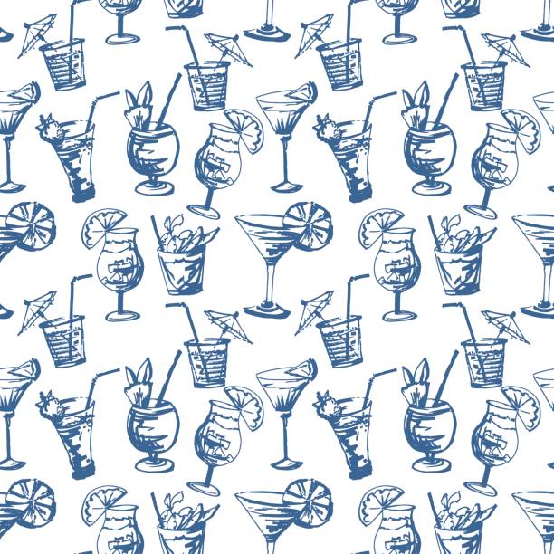 Seamless pattern with hand drawn cocktails glasses. Seamless pattern with hand drawn cocktails glasses. Isolated on white background cocktail patterns stock illustrations