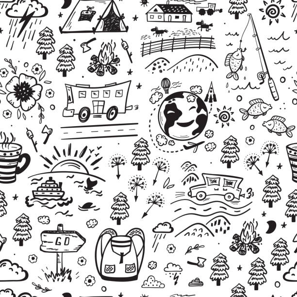 Seamless Pattern with Hand Drawn Doodle Travel, Tourism and Camping Icons. Vector Background Seamless Pattern with Hand Drawn Doodle Travel, Tourism and Camping Icons. Vector Background adventure drawings stock illustrations