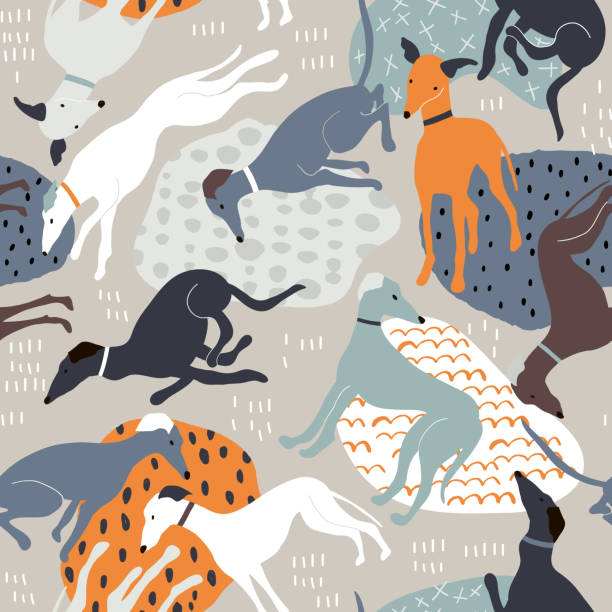 Seamless pattern with hand drawn greyhounds. Creative dog texture in scandinavian style. Great for fabric, textile Vector Illustration Seamless pattern with hand drawn greyhounds. Creative dog texture in scandinavian style. Great for fabric, textile Vector Illustration dog designs stock illustrations