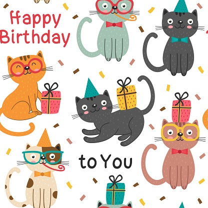 seamless pattern with Happy Birthday cats