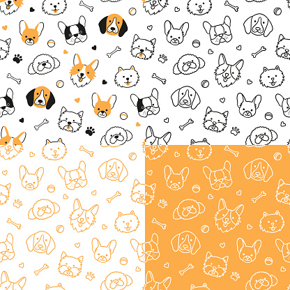 Seamless pattern with heads of different breeds dogs. Corgi, Beagle, Chihuahua, Terrier, Pomeranian
