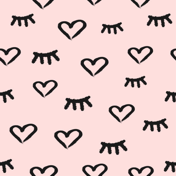 Seamless pattern with hearts and closed eyes drawn with a rough brush. Sketch, grunge, watercolor, paint. Seamless pattern with hearts and closed eyes drawn with a rough brush. Sketch, grunge, watercolor, paint. Girly vector illustration. sleeping patterns stock illustrations