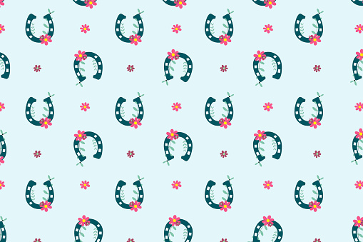 seamless pattern with horse shoe and flower  on yellow background. pastel and lucky concept.