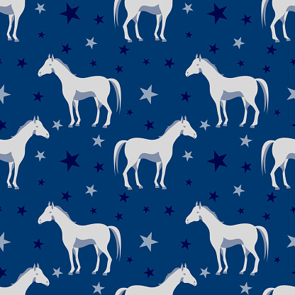 Seamless pattern with horse, star on a deep blue background. Sweet baby or kid print with animal