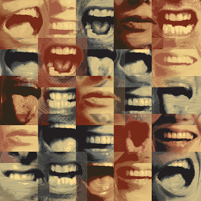 Seamless pattern with human mouths expressing different emotions-smiling, surprised, shocked, cheerful, angry, scared. Creative vector background in retro style. Wallpaper, wrapping paper, fabric