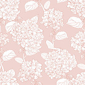 Seamless pattern with hydrangea. Pink flowers, leaves background. Abstract pattern in floral style. Idea for material, scarf, fabric, textile, wallpaper, wrapping paper. Vector.