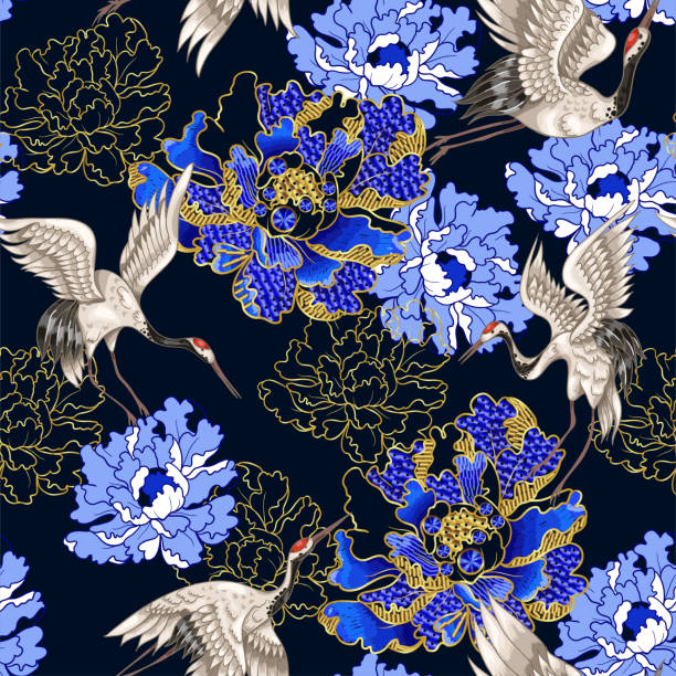 Seamless pattern with Japanese white cranes and peony, embroidered sequins Seamless pattern with Japanese white cranes and peony bird designs stock illustrations