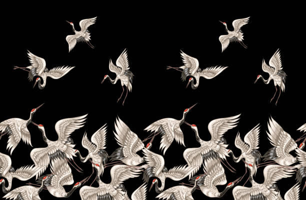 Seamless pattern with Japanese white cranes in different poses for your design (embroidery, textiles, printing) Seamless pattern with Japanese white cranes in different poses for your design bird patterns stock illustrations