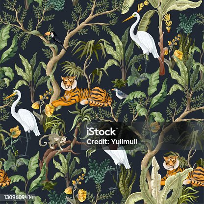 istock Seamless pattern with jungles trees and animals. Trendy tropical print 1309609414