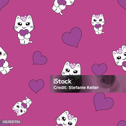 istock seamless pattern with kawaii kittens and hearts with pink background. 1352031754