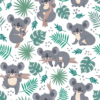 Seamless pattern with koalas. Cute australian bears and tropical leaves. Cartoon baby koala design. Vector nature background for kids