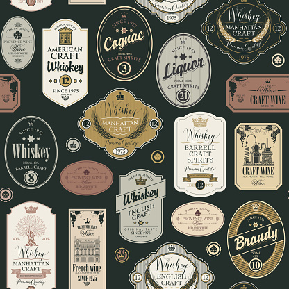 Vector seamless pattern with collage of labels for various alcoholic beverages in retro style with inscriptions of whiskey, liquor, cognac, wine, brandy.