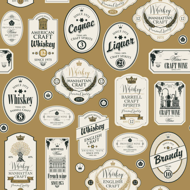 seamless pattern with labels for alcoholic drinks Vector seamless pattern with collage of labels for various alcoholic beverages in retro style with inscriptions of whiskey, liquor, cognac, wine, brandy, craft wine. alcohol drink borders stock illustrations