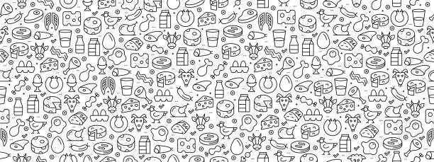 Seamless Pattern with Meat and Dairy Foods Icons Seamless Pattern with Meat and Dairy Foods Icons cheese backgrounds stock illustrations