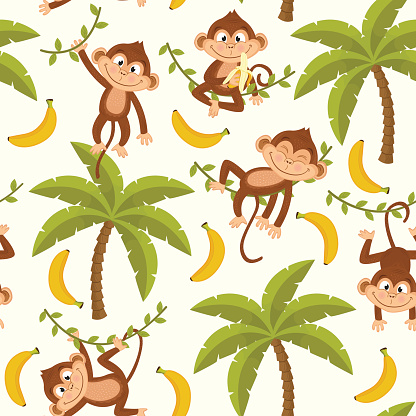seamless pattern with monkey on palm tree