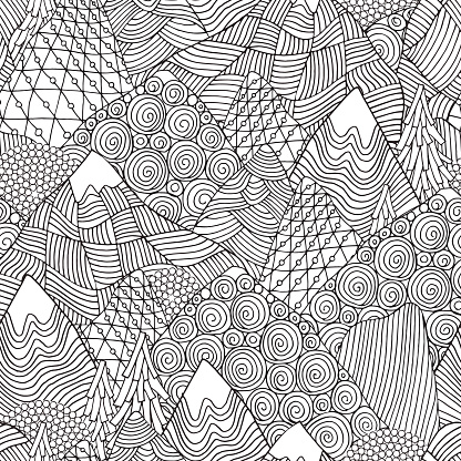 Seamless Pattern With Mountains Adult Coloring Book Page