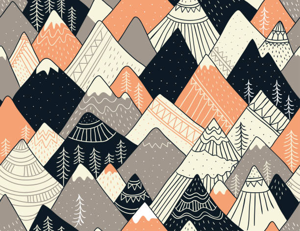 Seamless pattern with mountains in scandinavian style. Decorative background with landscape. Hand drawn ornaments. Seamless pattern with mountains in scandinavian style. Decorative background with landscape. Hand drawn ornaments. mountain drawings stock illustrations