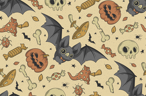 Seamless pattern with mushrooms, beetles, autumn leaves and halloween traditional symbols.