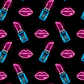 Seamless pattern with neon icons of lipstick and female lips on dark background. Cosmetics, girly, fachion, makeup concept. Vector 10 EPS illustration.