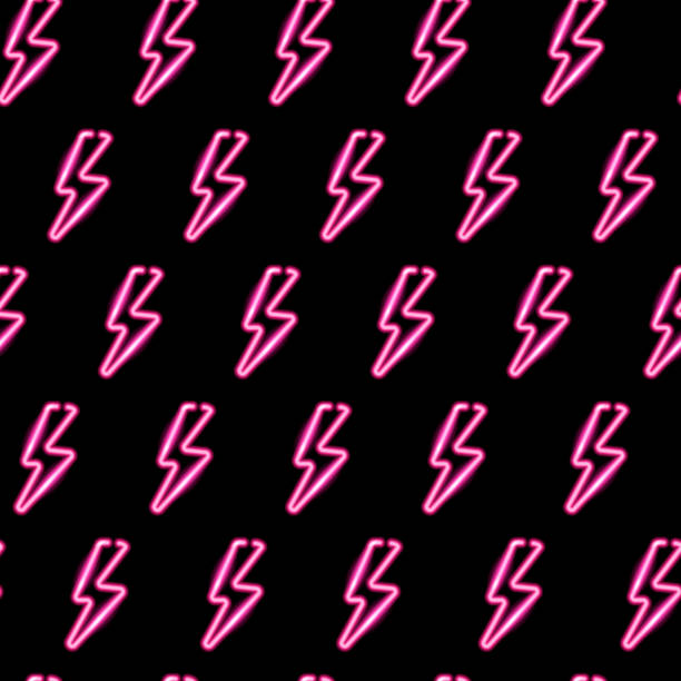 Seamless pattern with neon icons of pink lightning bolts on dark background. Vector 10 EPS illustration. Seamless pattern with neon icons of pink lightning bolts on dark background. Vector 10 EPS illustration. lightning designs stock illustrations
