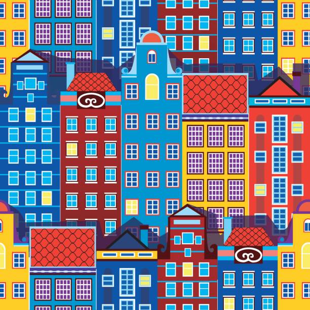 ilustrações de stock, clip art, desenhos animados e ícones de seamless pattern with old european houses of amsterdam or great britain, color vector stock graphic with repeating pattern and architecture for print - amsterdam street