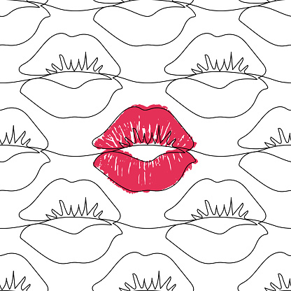 Seamless pattern with one line lips isolated on white.