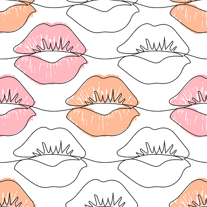 Seamless pattern with one line lips isolated on white.