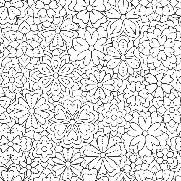 Seamless pattern with outline flowers for coloring book. Beautiful floral background for color artwork. Monochrome backdrop, summer flower drawing. Colouring line illustration Seamless pattern with outline flowers for coloring book. Beautiful floral background for color artwork. Monochrome backdrop, summer flower drawing. Colouring line illustration. flower coloring pages stock illustrations