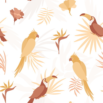 Seamless pattern with parrot, toucan, tropical flowers, palm leaves.