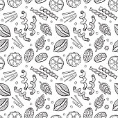 Seamless pattern with different types of pasta. Vector food illustration. May use as a coloring page