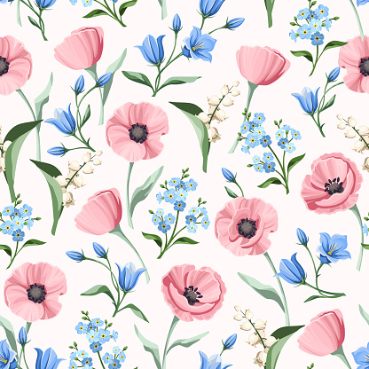 Seamless pattern with pink and blue flowers. Vector illustration.