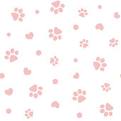 Seamless pattern with pink pet paw prints and hearts for Wallpaper, covers, cards.