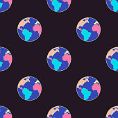 Seamless pattern with planet Earth. World symbol for environment safety celebrate. Vector hand drawn illustration on the black background, save the planet, save energy, the concept of the Earth day.
