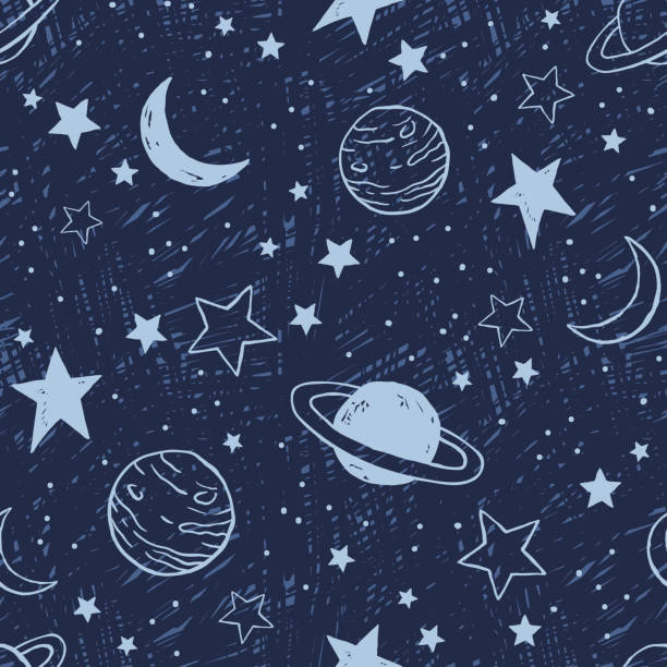 Seamless pattern with planets and stars Vector space seamless pattern with planets and stars. Night sky hand drawn doodle background space and astronomy stock illustrations
