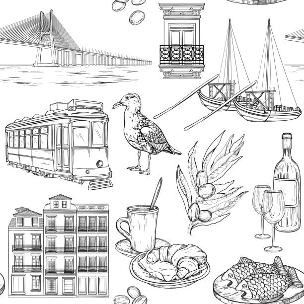 ilustrações de stock, clip art, desenhos animados e ícones de seamless pattern with portuguese sketches - oporto