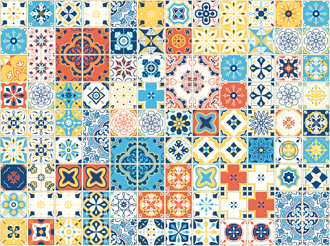Seamless pattern with portuguese tiles. Vector illustration of Azulejo on white background. Mediterranean style. Multicolor design