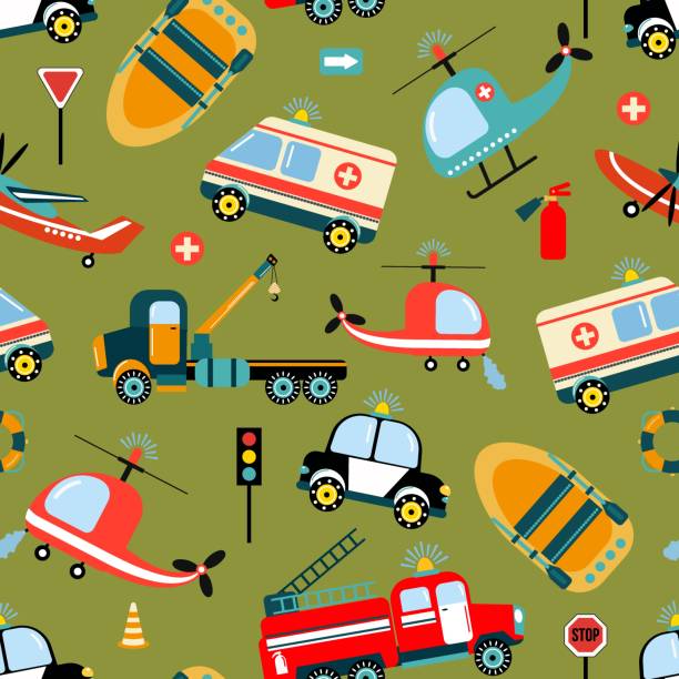 Seamless pattern with rescue vehicles, helicopter, plane, boat. Seamless pattern with rescue vehicles, helicopter, plane, boat. Design of fabrics, textiles, wallpaper, packaging, decoration of a children's room. tow truck police stock illustrations