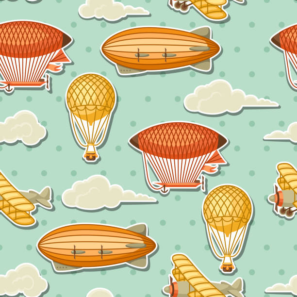 ilustrações de stock, clip art, desenhos animados e ícones de seamless pattern with retro air transport. vintage aerostat airship, blimp and plain in cloudy sky - aerial container ship