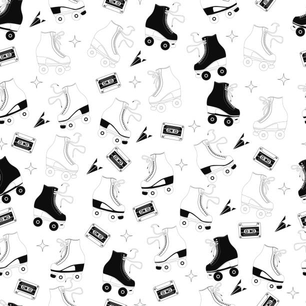 Seamless pattern with roller skates and cassette tapes. Retro hand drawn laced boots, black and white vector illustration vector art illustration