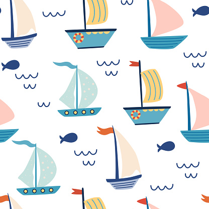 Seamless pattern with sailing boats. Marine background. Cute marine pattern for fabric, children's clothing, background, textiles, wrapping paper and other decorations. Vector cartoon illustration