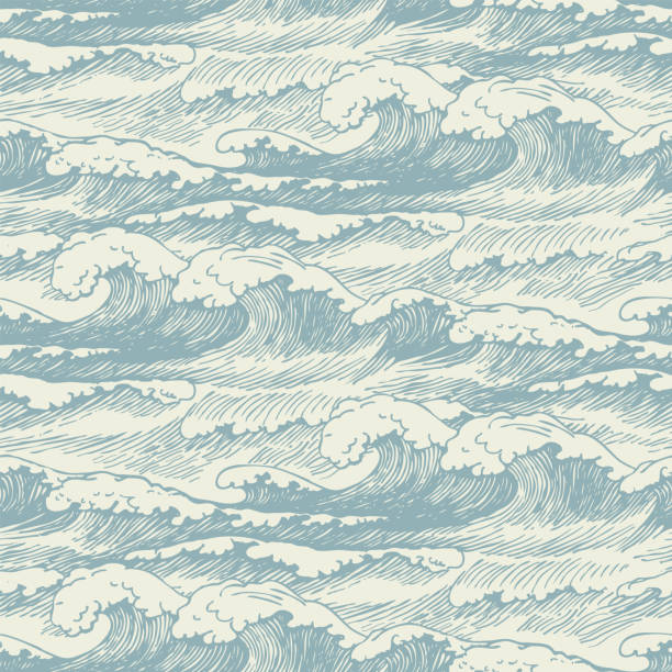 복고풍 스타일의 바다 파도와 매끄러운 패턴 - 판화 제작물 stock illustrations
