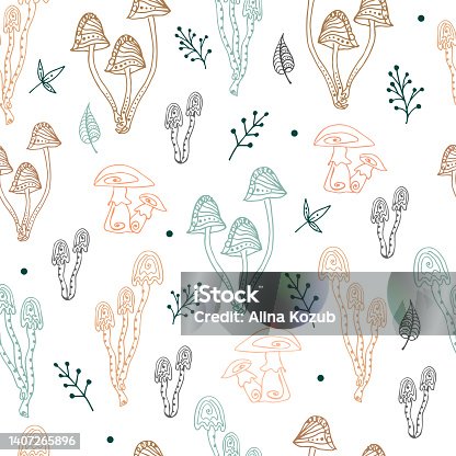 istock Seamless pattern with simple small mushrooms and plants in pastel colors. Autumn repeating background. Cute baby print. Vector illustration in scandinavian decorative doodle style 1407265896