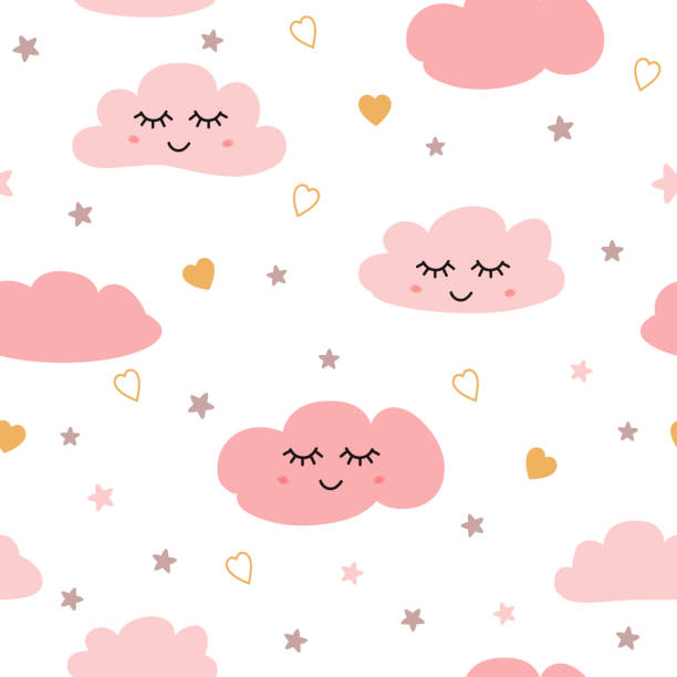 Seamless pattern with smiling sleeping clouds stars Pink baby girl pattern Vector Clouds pattern. Seamless pattern with smiling sleeping clouds stars hearts for baby girl design. Cute baby shower pink background. Childish style wallpaper textile fabric cloth. Vector illustration. sleeping patterns stock illustrations
