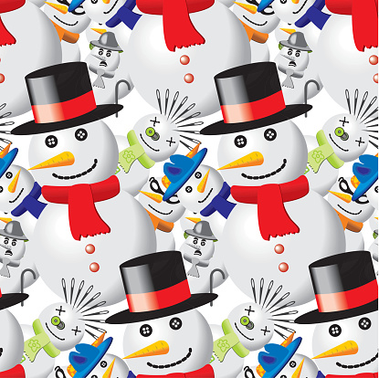Seamless pattern with snowmen in different outfits