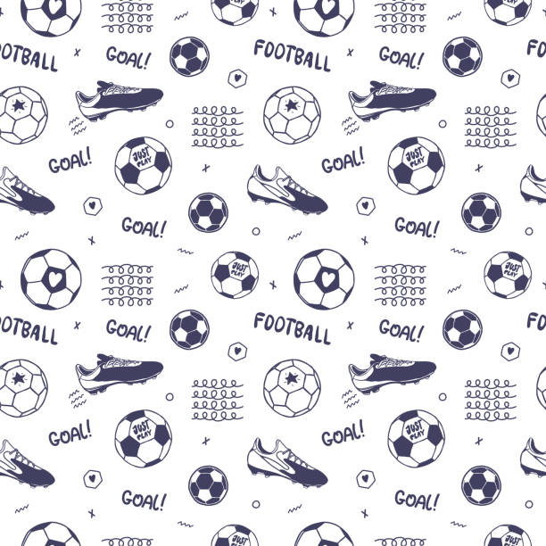 Seamless pattern with soccer ball, text, soccer boot. Sports background for boy, clothes, wrapping paper. Football wallpaper. Sports background. Soccer wallpaper. soccer drawings stock illustrations