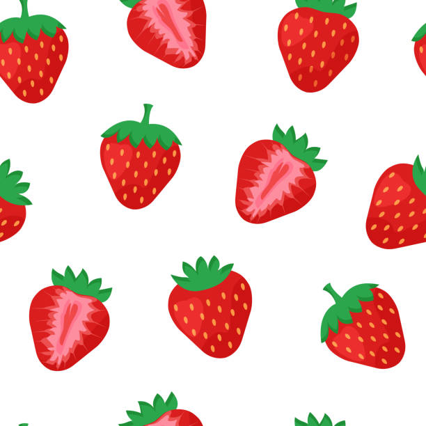 bildbanksillustrationer, clip art samt tecknat material och ikoner med seamless mönster med jordgubbar hela och halva isolerad på vit bakgrund. vektorillustration - jordgubbar