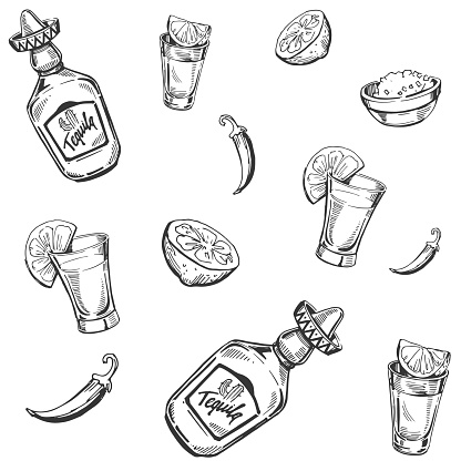 Seamless pattern with tequila, shot, lime. Sketch illustration.Vector.