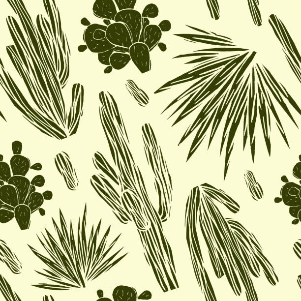 Seamless pattern with the image of cactuses Seamless pattern with the image of cactuses. Illustration in linocut style. Green print on light background cactus patterns stock illustrations